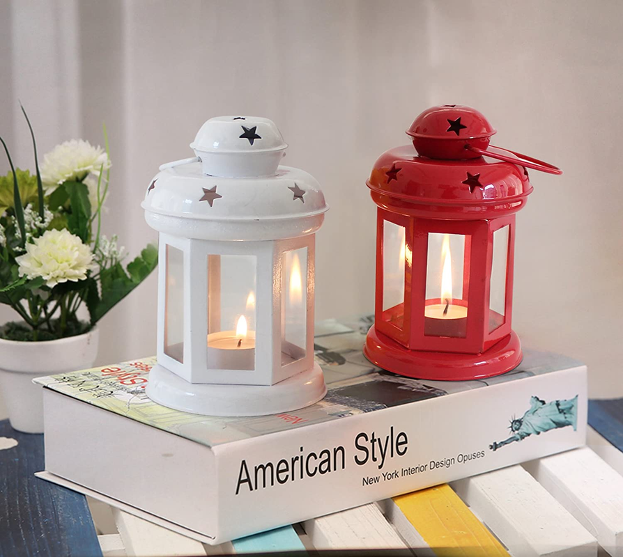 Alisha Exports Set of 2 Decorative Red & White Iron Lanterns(Free 2 Candles)